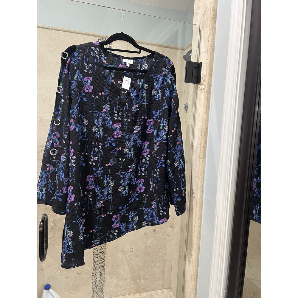 Avenue Kallie Floral Blouse Blue Purple Grommet Cutout Sleeve Plus 14/16 NWT